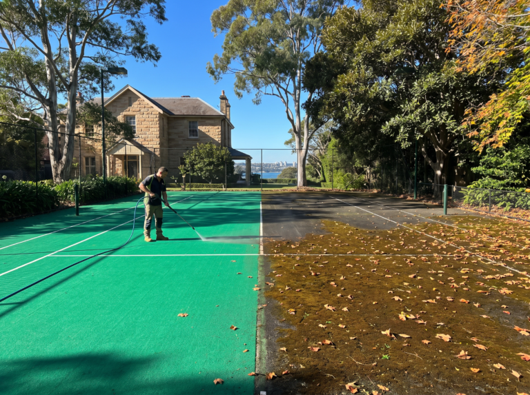 Synthetic grass tennis court half vibrant green and half moss-darkened during cleaning