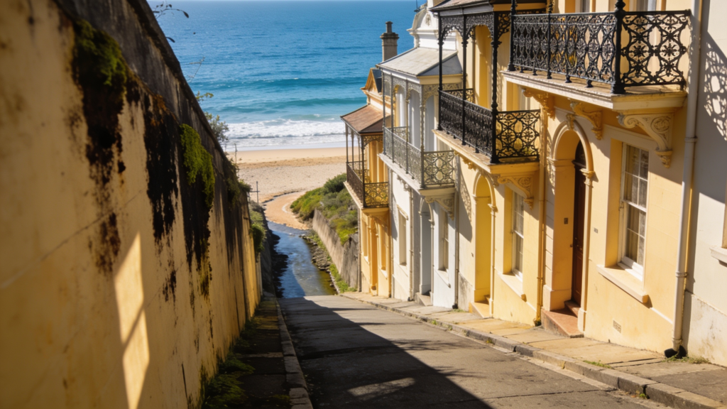 Victorian terraces on a steep street running down to a small ocean beach with dark staining on shaded walls