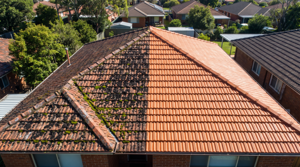 Aerial view of a Sydney terracotta tiled roof, half covered in black lichen and moss growth, half cleaned back to warm orange tile