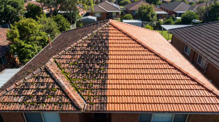 Aerial view of a Sydney terracotta tiled roof, half covered in black lichen and moss growth, half cleaned back to warm orange tile