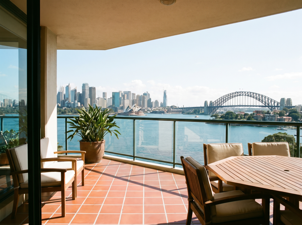 Clean tiled harbour-view apartment balcony with bright grout lines in Darling Point