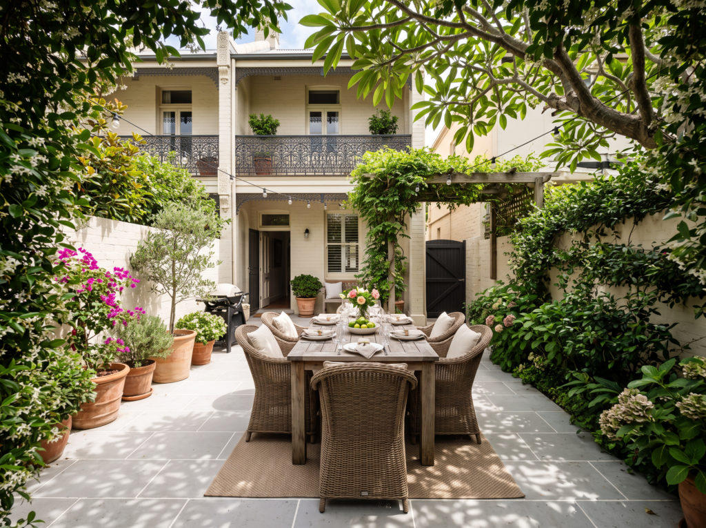 Clean tiled alfresco courtyard with bright grout lines behind a Double Bay terrace
