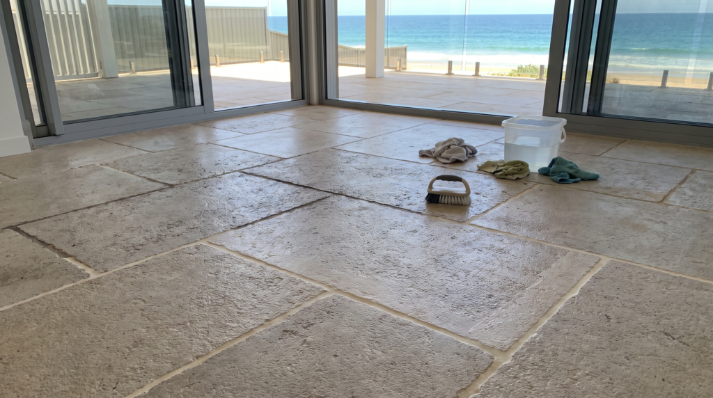 Tiled floor and grout lines being deep cleaned in a Palm Beach home