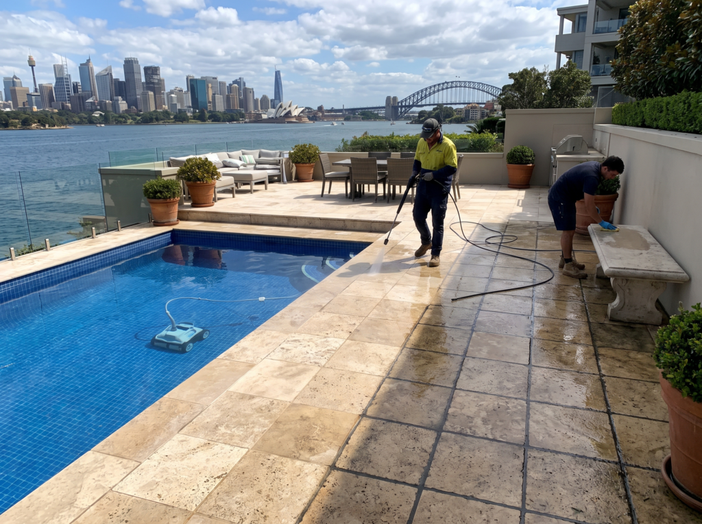 Clean travertine tiles and bright grout lines on a Point Piper harbour-view terrace