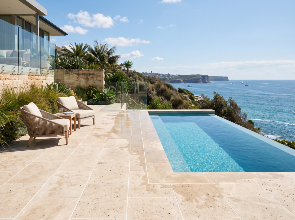 Clean travertine ocean-view terrace with bright grout lines at a Vaucluse home