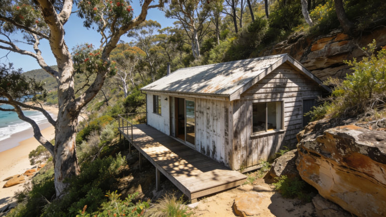 A timber beach house set into a steep bushland gully with angophora trees and sandstone outcrops