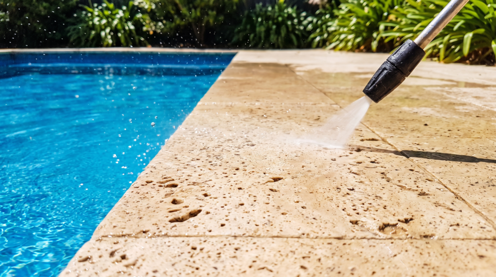 Travertine pool surround cleaning in Sydney — The Prestige Standard