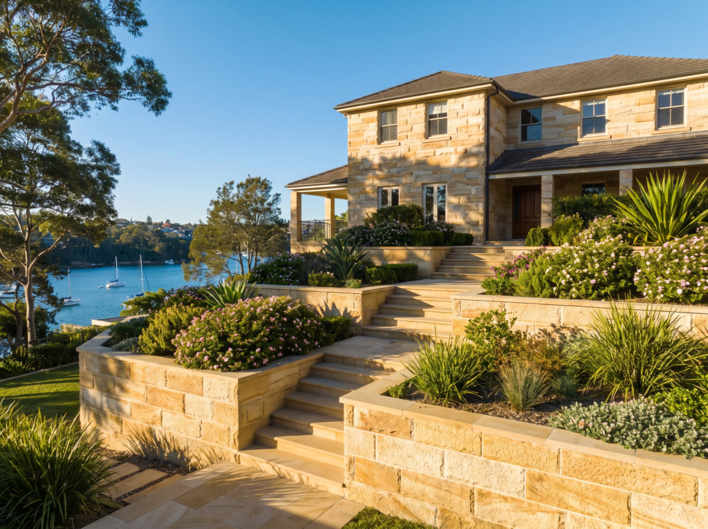 Vaucluse harbourfront home with freshly cleaned golden sandstone walls and entry stairs