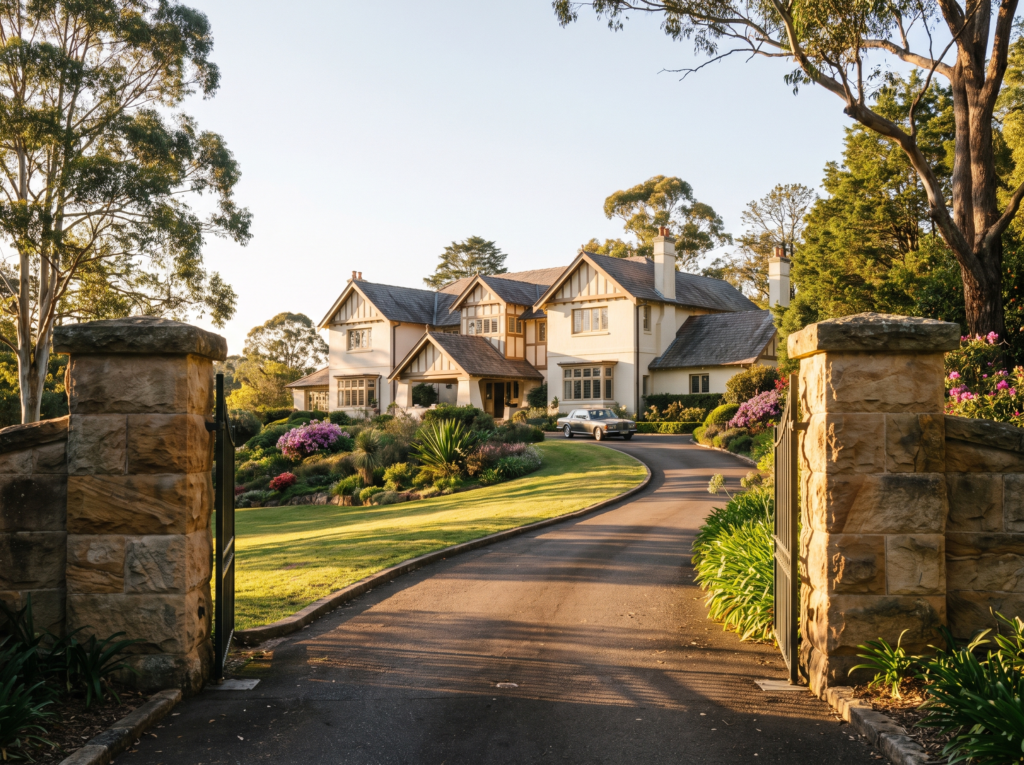 Grand Arts and Crafts heritage estate in Wahroonga with sandstone gateposts and gardens