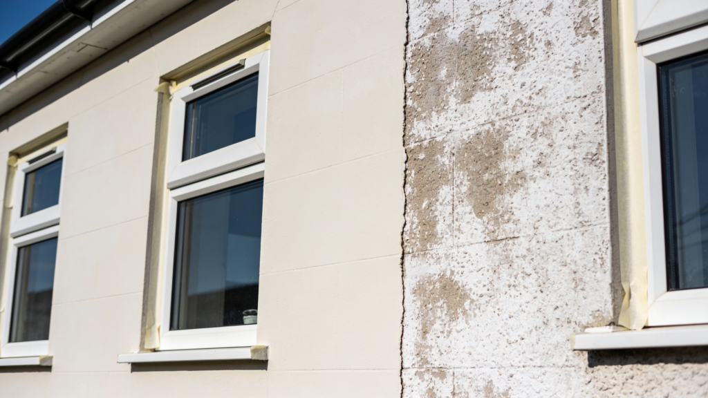 A rendered wall mid preparation for repainting with one section washed clean and one still chalky