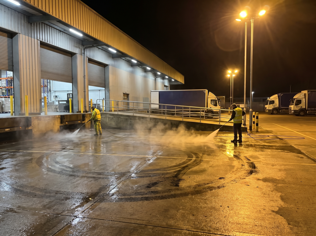 Warehouse loading dock being hot-water pressure cleaned at night under floodlights