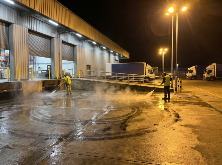 Warehouse loading dock being hot-water pressure cleaned at night under floodlights