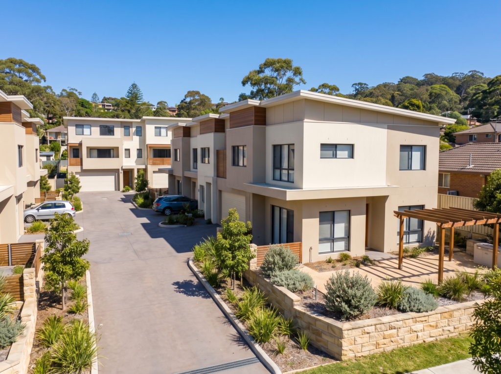 Modern master-planned townhouse complex in Warriewood with spotless light acrylic render