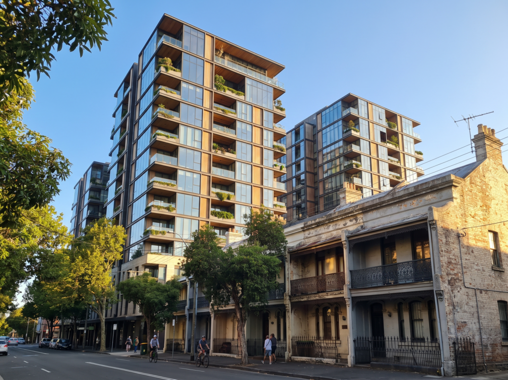 New Green Square apartment towers beside older terrace streets in Waterloo