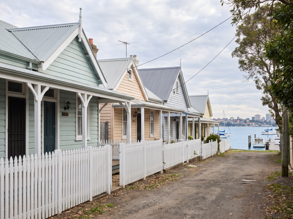 Historic painted weatherboard cottages in Watsons Bay village with harbour behind