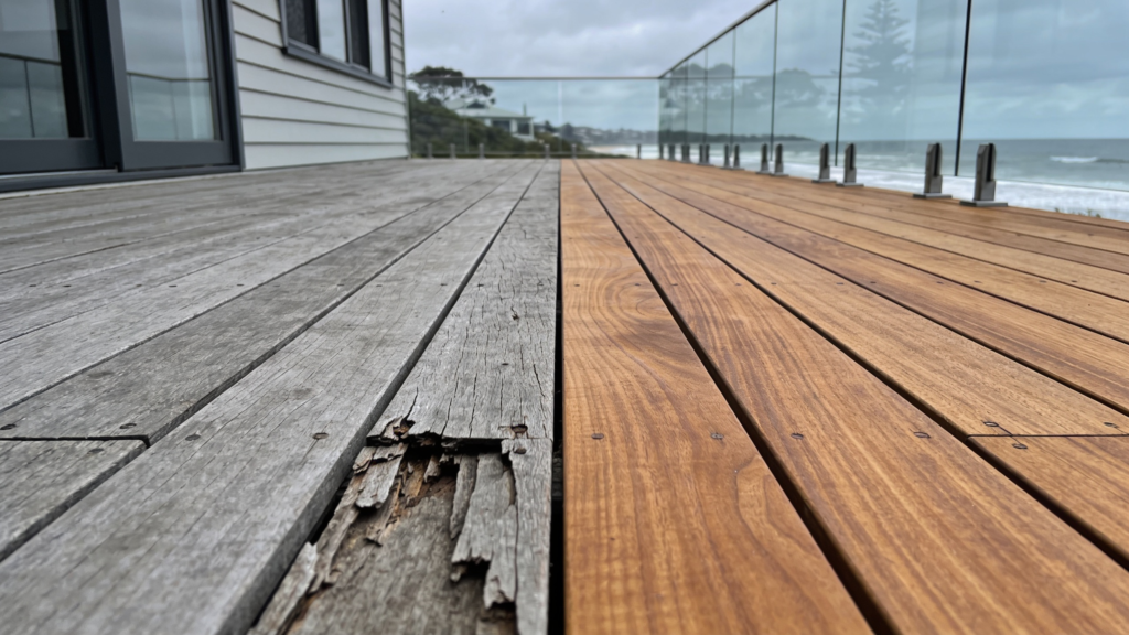 A weathered hardwood deck with half the boards grey and half freshly cleaned showing warm timber grain