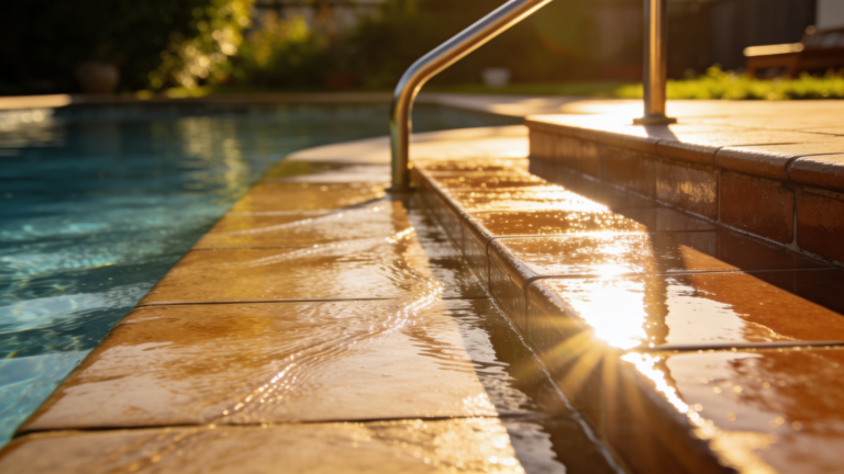 Wet polished outdoor tiles beside a pool with a reflective slick surface