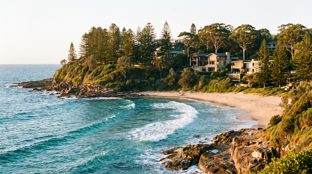 Whale Beach headland and coastal homes among Norfolk Island pines