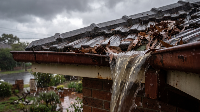 Rainwater overflowing from a leaf-clogged gutter on a Sydney home showing why regular gutter cleaning matters