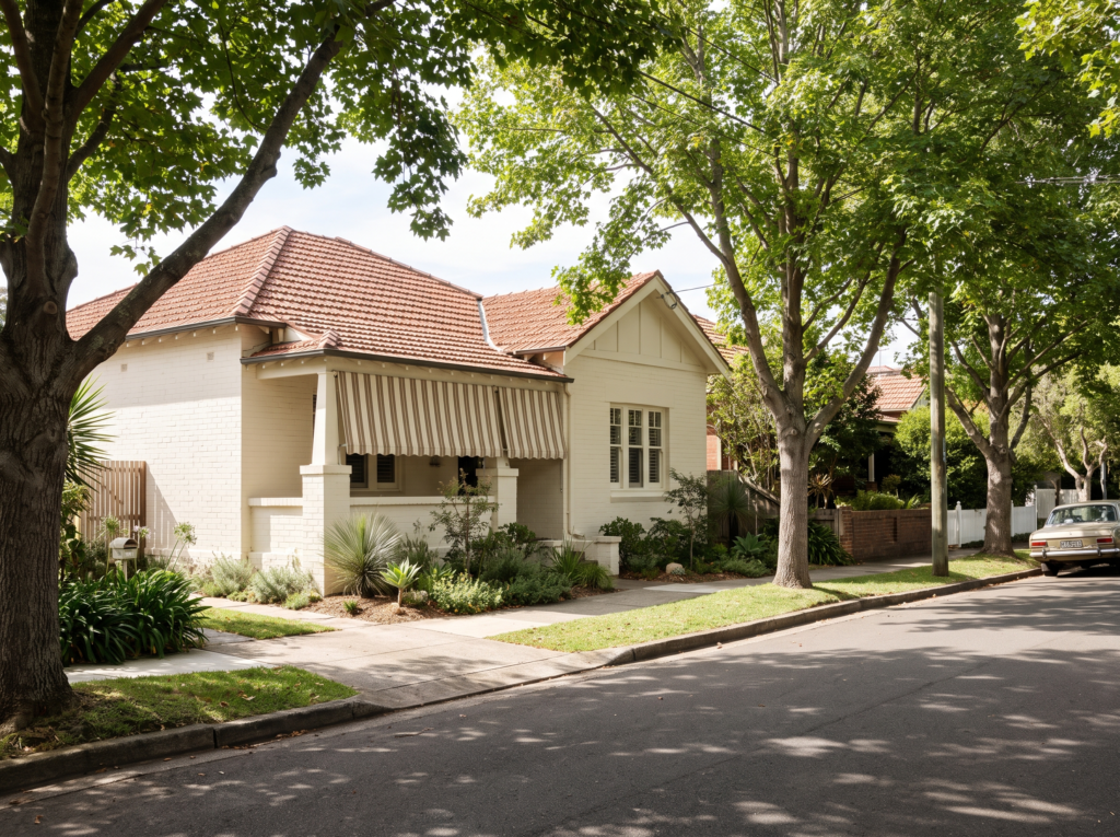 Californian bungalow with painted brick and terracotta roof on a leafy Willoughby street