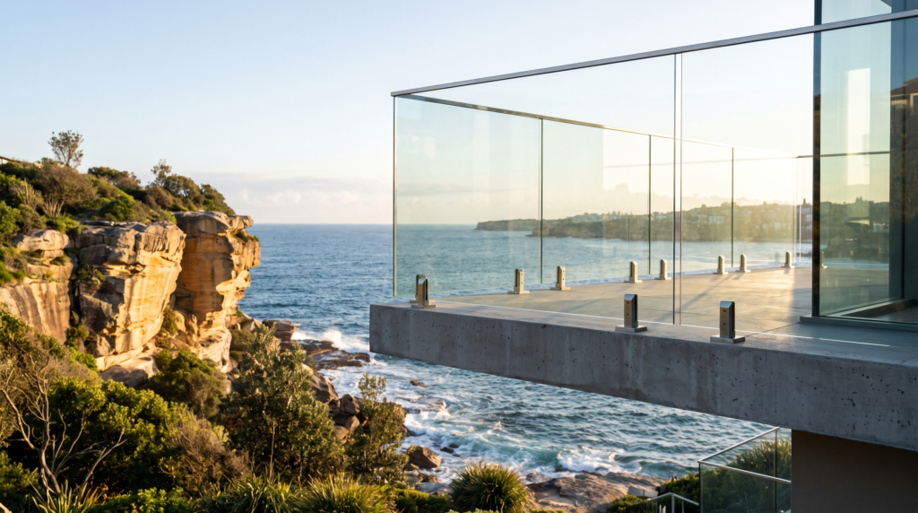 Frameless glass balustrade on a clifftop balcony overlooking the ocean in Sydney's Eastern Suburbs