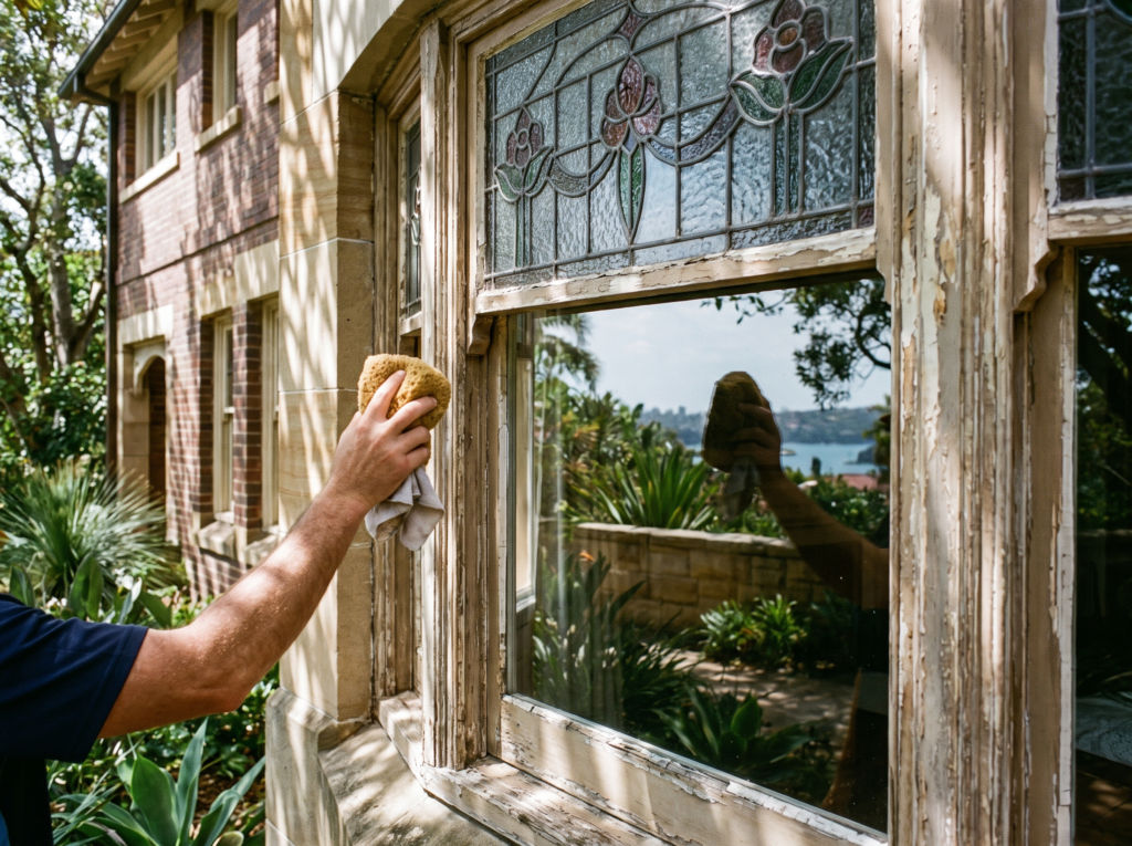 Window cleaner with water-fed pole on heritage sash windows of a Bellevue Hill estate