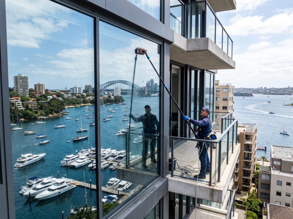Window cleaner with water-fed pole on harbour-view apartment glazing in Darling Point
