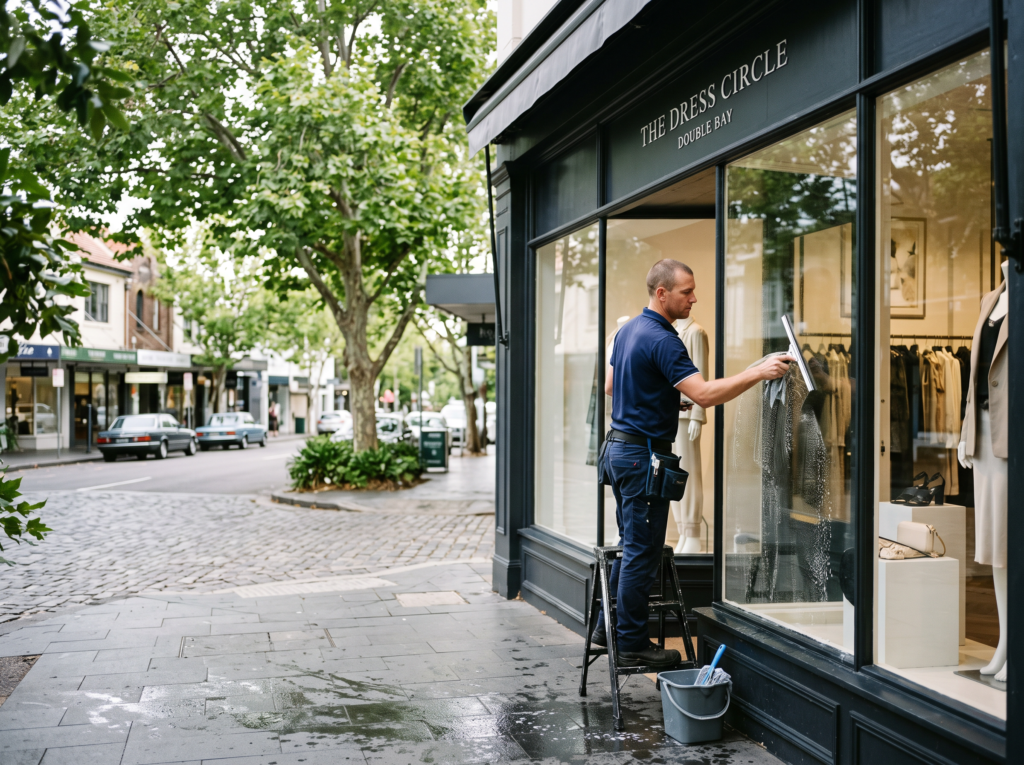 Window cleaner detailing the glass shopfront of an elegant Double Bay village boutique