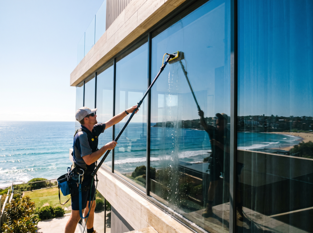 Window cleaner using a purified water pole on ocean-facing glass of an Eastern Suburbs home