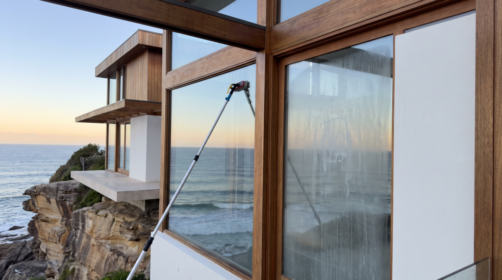 Window cleaning on large ocean-facing glass at a Palm Beach home