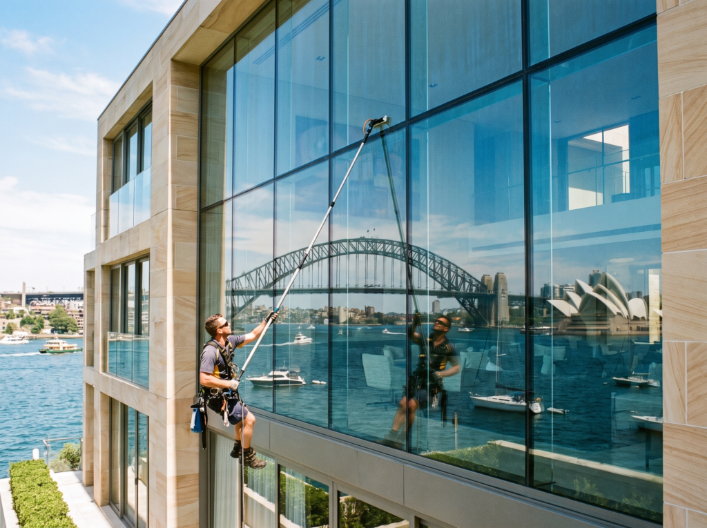 Window cleaner with a water-fed pole cleaning harbour-view glass of a Point Piper home