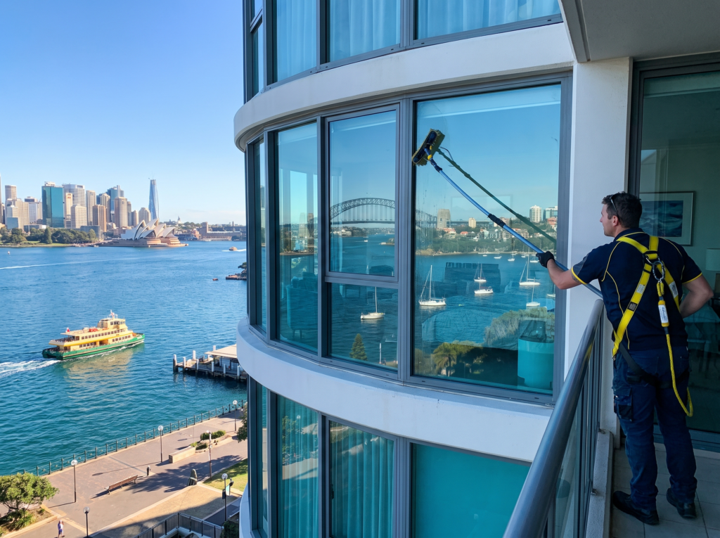 Window cleaner using a water-fed pole on bay-view apartment glazing in Rose Bay