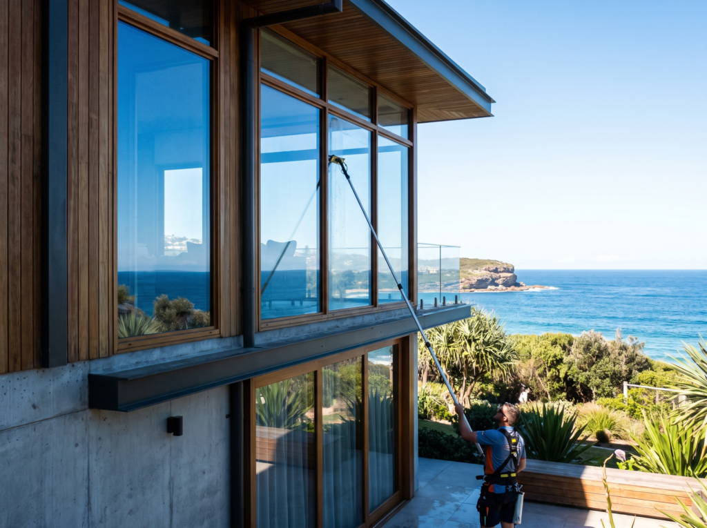 Window cleaner using a purified water-fed pole on coastal Sydney home glass