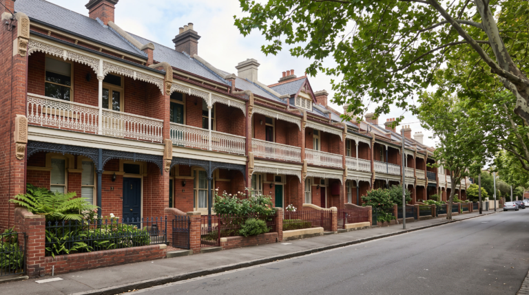A row of Victorian terraces in Paddington with cast iron lace balconies, tuckpointed brickwork, parapets and no front setback