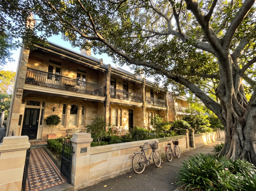 Victorian terraces under Moreton Bay fig canopy in Woollahra with clean sandstone walls