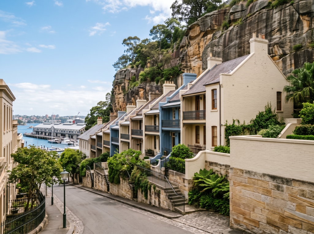 Historic terraces below the sandstone escarpment in Woolloomooloo with clean painted brick