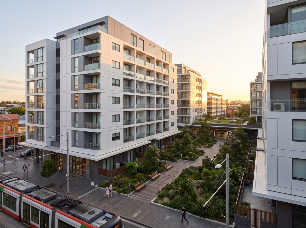 Modern Green Square Zetland apartment buildings with spotless render and podium courtyard